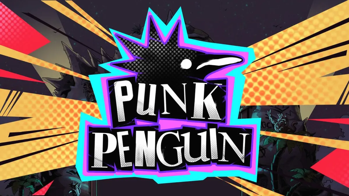 Isang punk rock na penguin na nakasuot ng leather jacket sa gitna ng isang mosh pit slot machine.