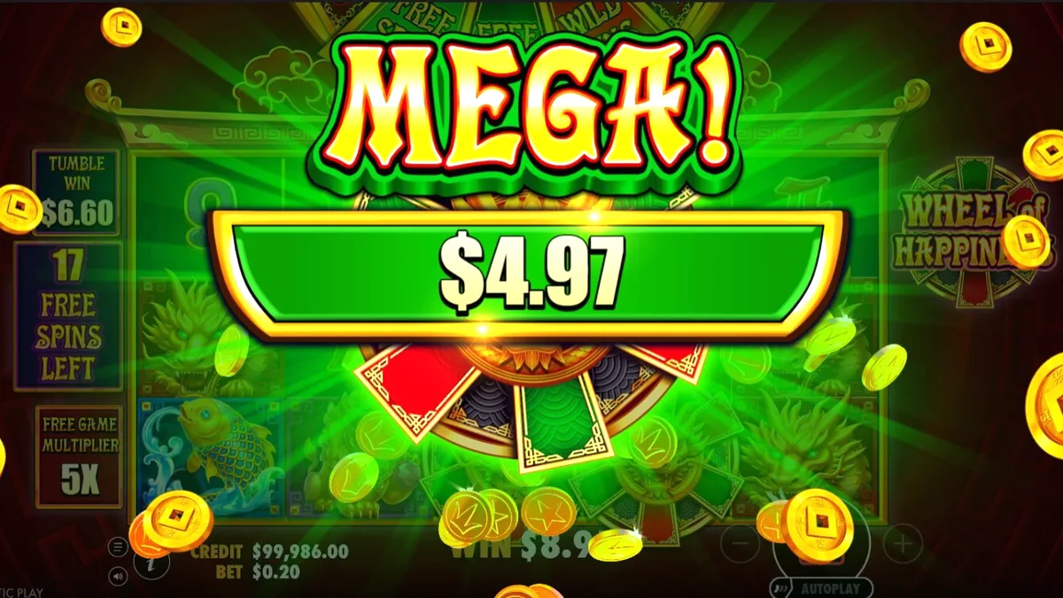 Makulay na disenyo ng Wheel of Happiness slot na may mga gintong simbolo